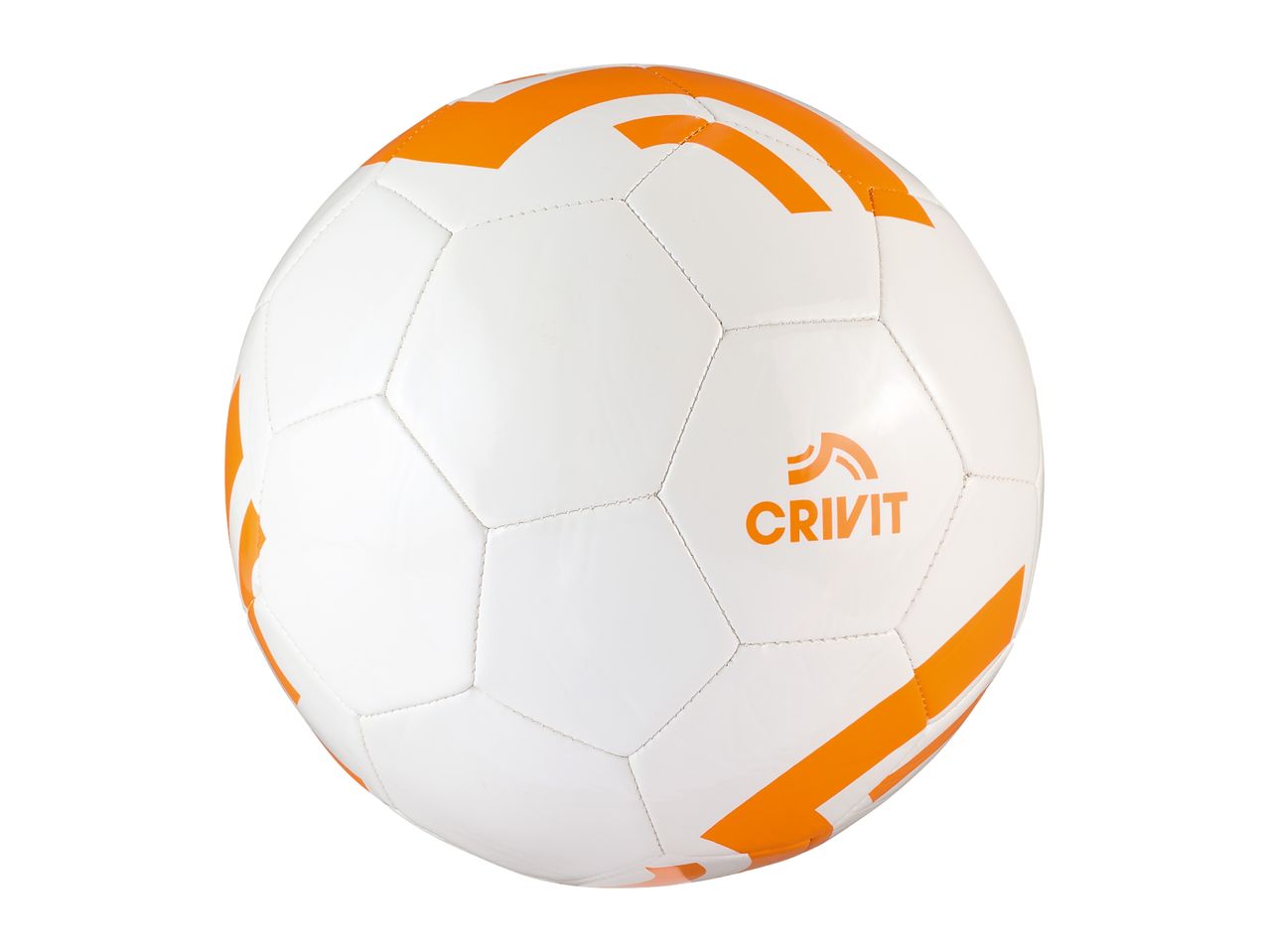 White and orange soccer ball with a geometric pattern and a logo.