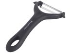 A black, ergonomic Y-shaped vegetable peeler.