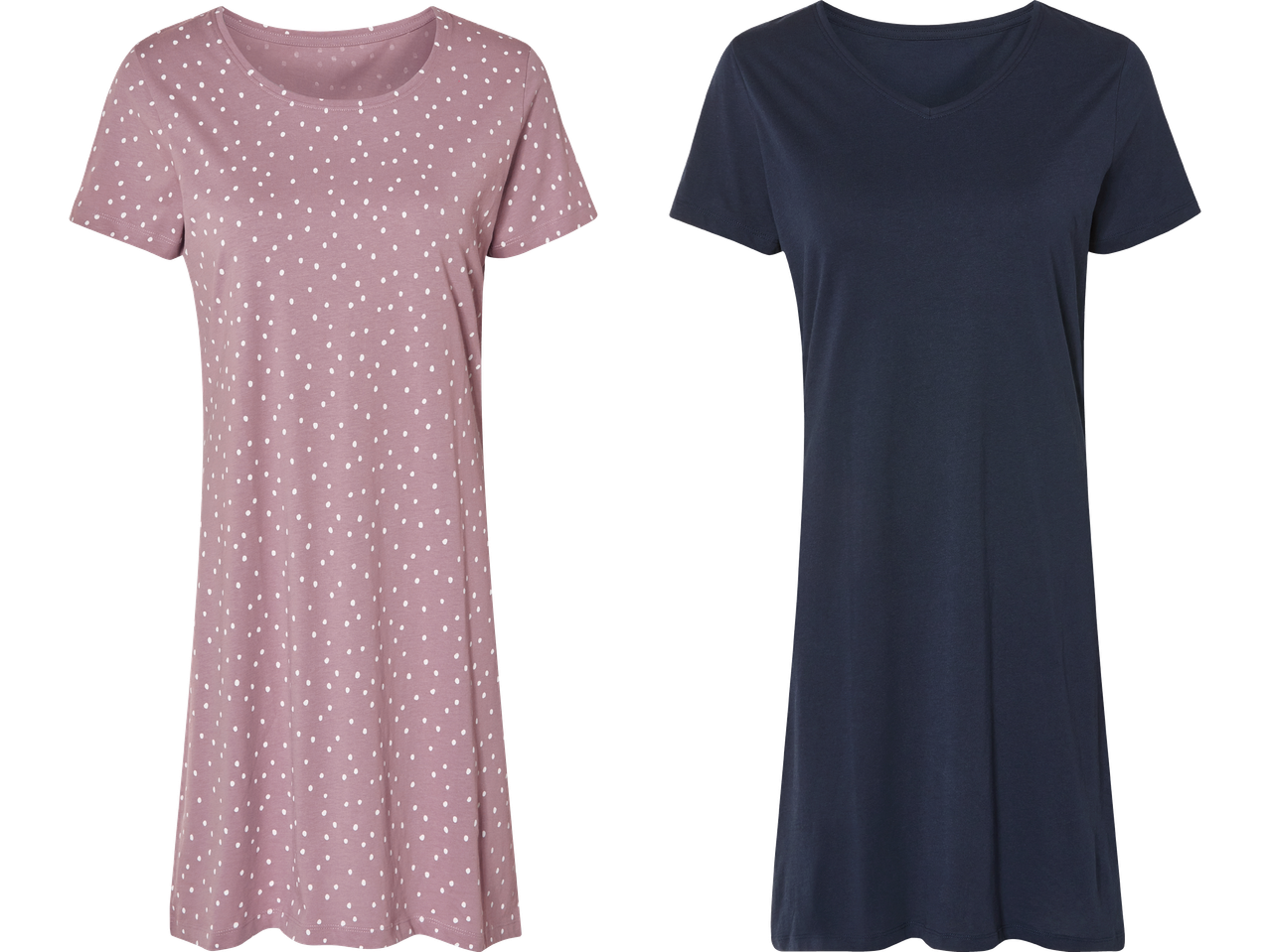 Två t-shirtklänningar, en i rosa med vita prickar och en mörkblå enfärgad.