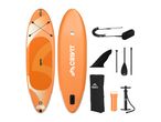Orange inflatable stand-up paddleboard with accessories including a pump, paddle, fin, and carry bag.
