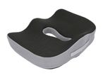 Ergonomic seat cushion in black and grey mesh fabric with a cutout for tailbone relief.