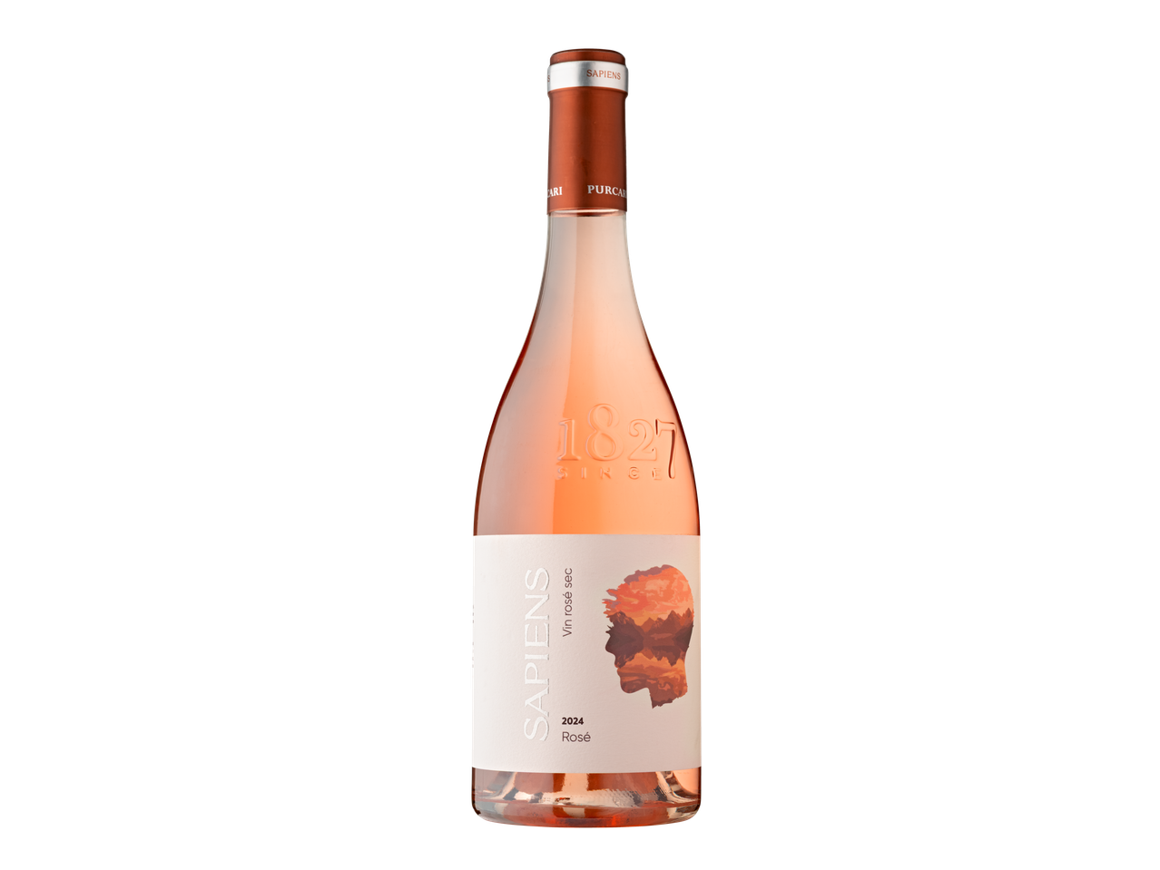 O sticlă de vin Sapiens 2024 Rosé cu o siluetă de cap uman pe etichetă.