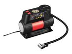 A portable black and red air compressor with a pressure gauge.