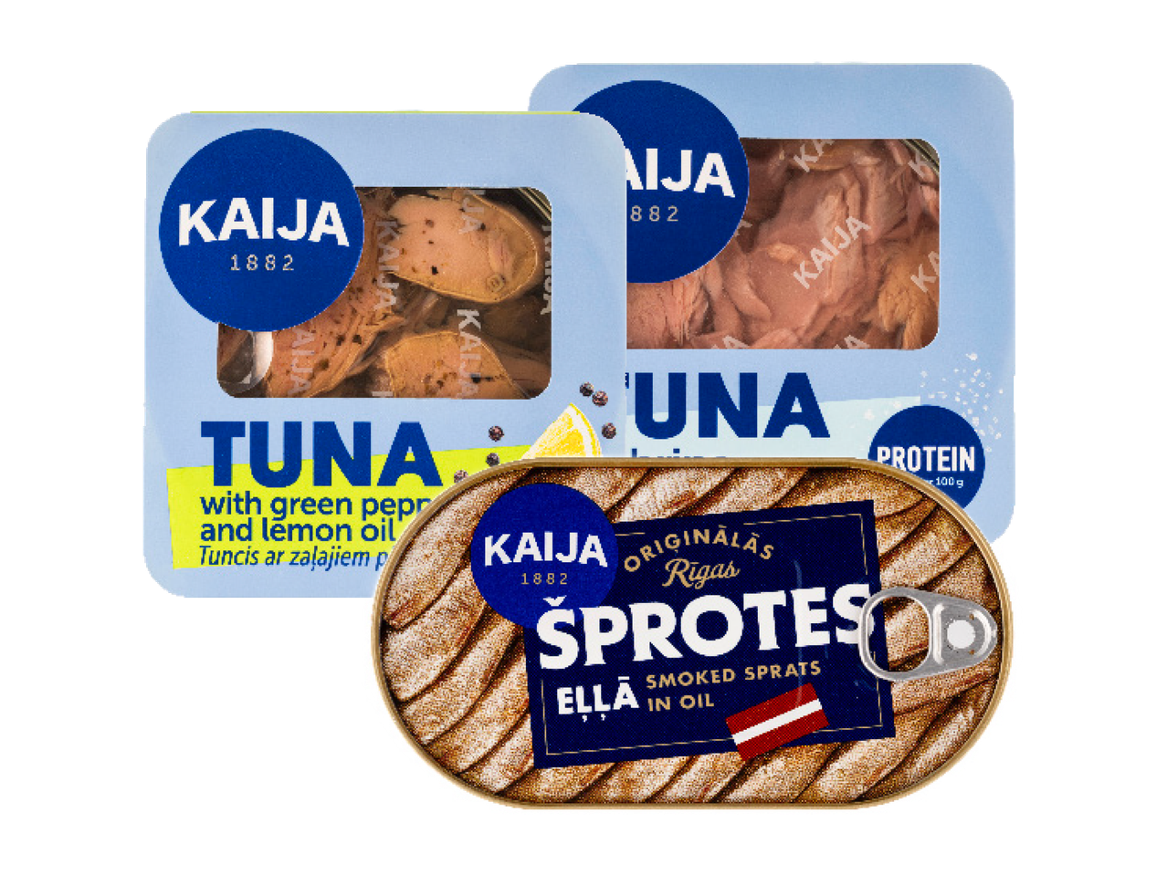 KAIJA konservid: tuunikala rohelise pipra ja sidruniõliga ning suitsusprott õlis.