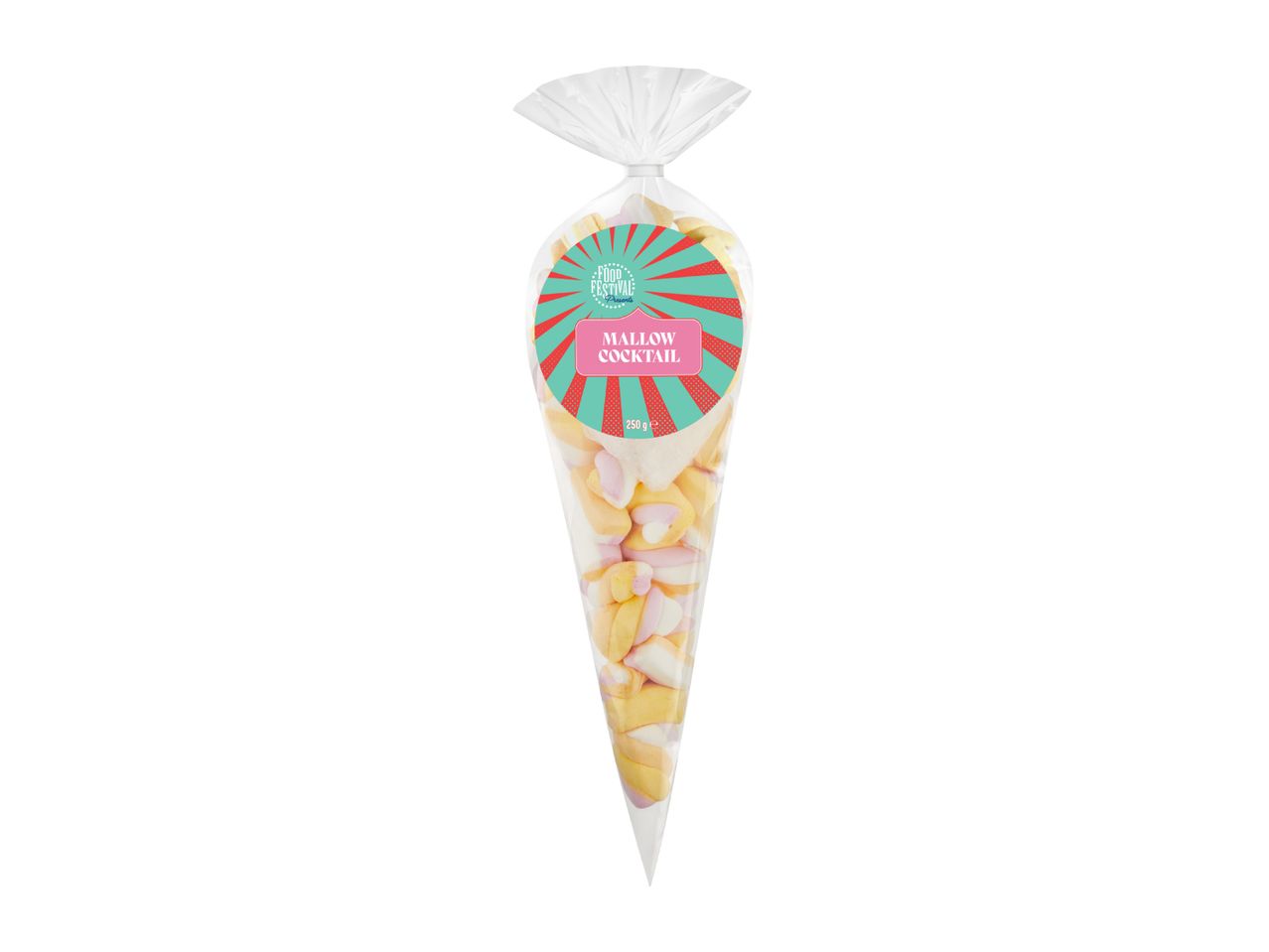 A clear cone-shaped bag of colorful marshmallows with a festive label.