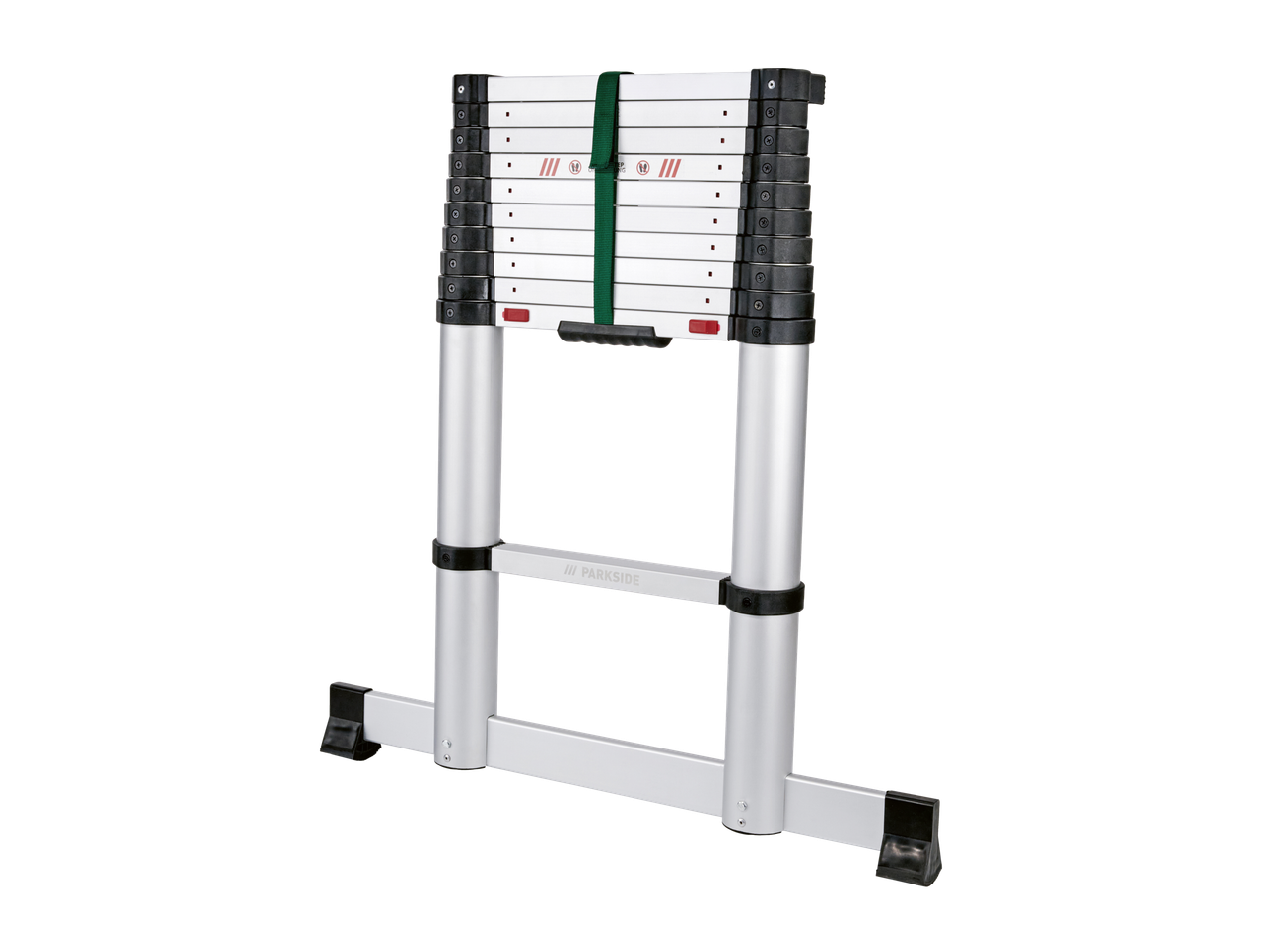 Parkside® aluminijske teleskopske ljestve, sklopljene, gledano sprijeda.