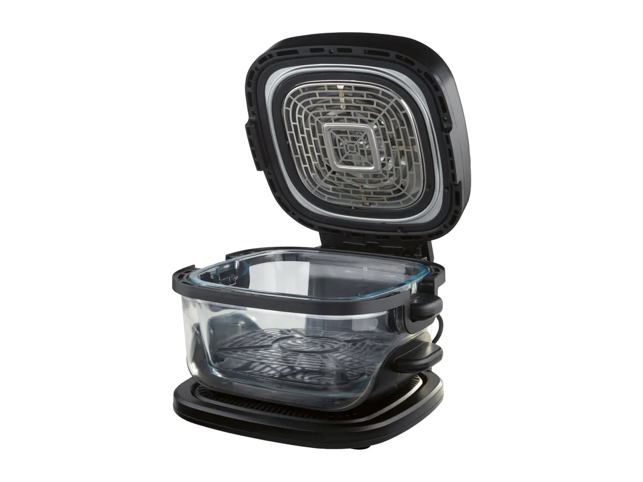 Open air fryer with a clear glass cooking pot and a black base.