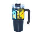 A black Pokemon-themed stainless steel travel mug with a straw and handle, featuring Pikachu and Squirtle.