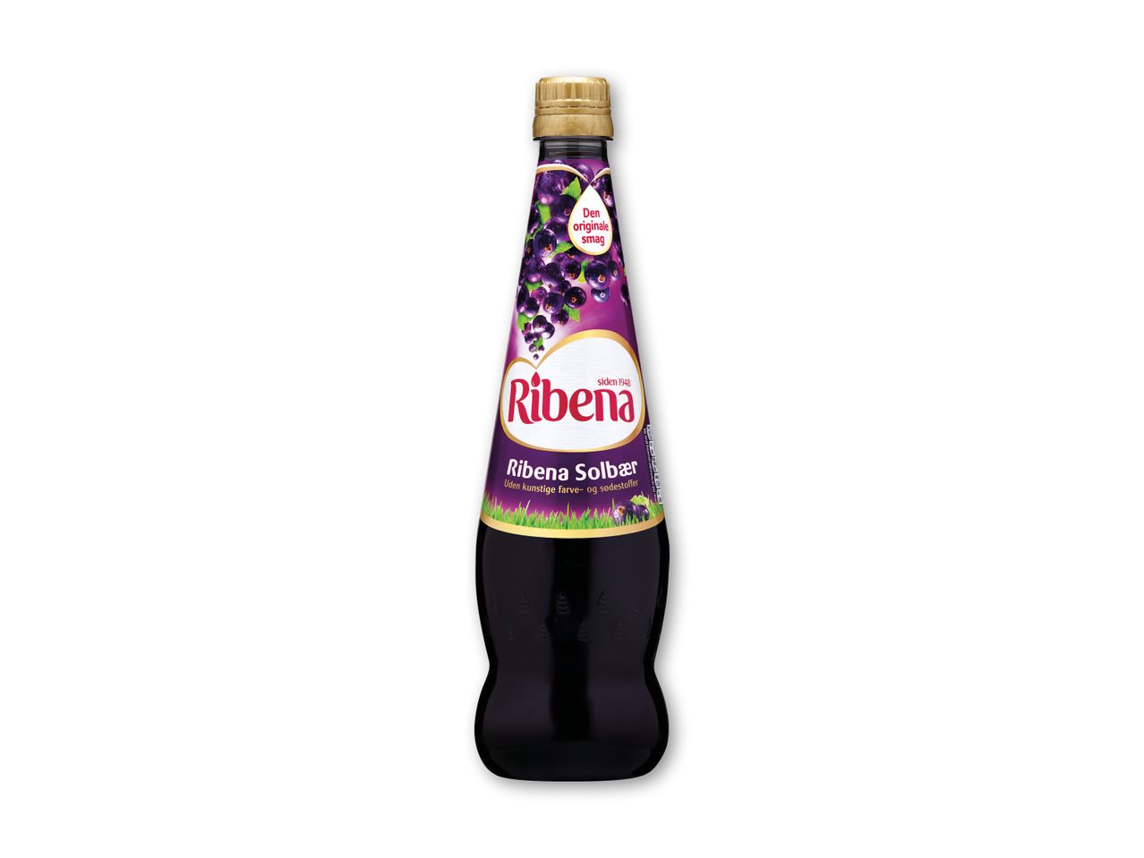 Flaske med solbærsaft med lilla etiket og illustrationer af solbær
