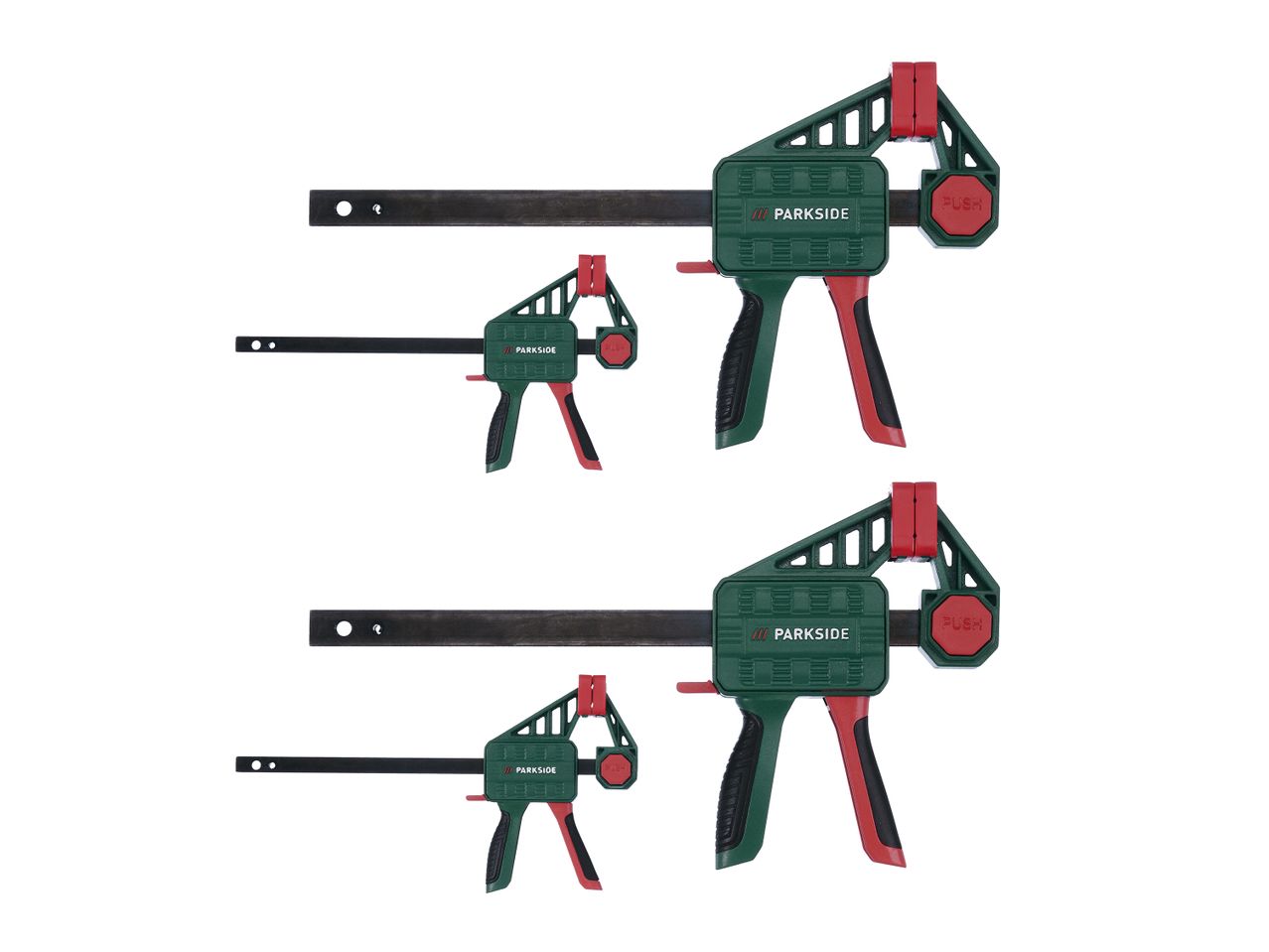Dviejų dydžių Festool spaustukai, skirti medienos apdirbimui.
