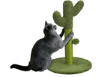 Pisică gri jucându-se cu un zgârie-brânză cactus verde.