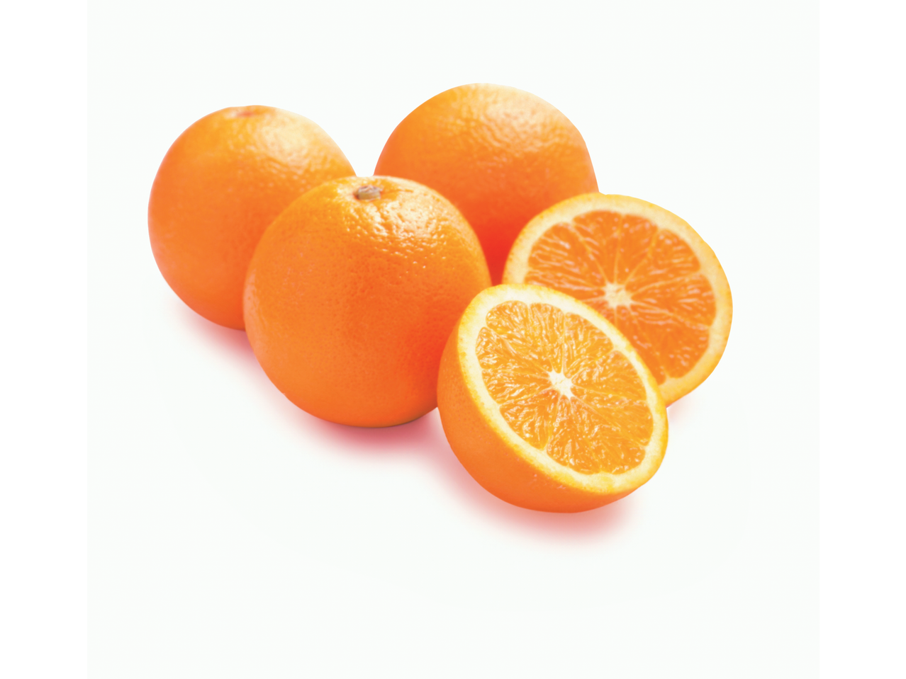 Deluxe Large Oranges, whole and sliced, on a white background.
