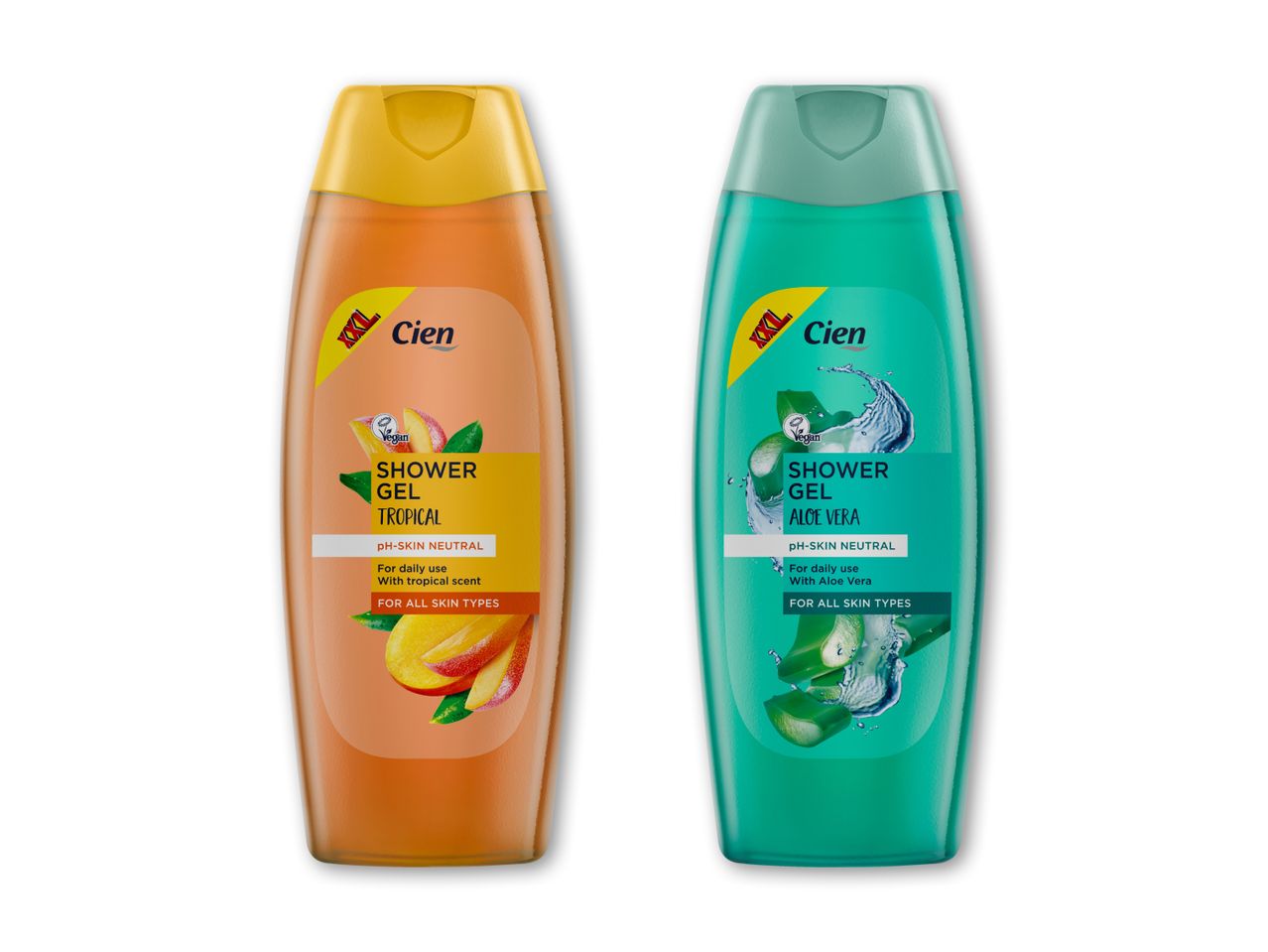 To Cien shower gels, en tropisk og en aloe vera, begge pH-hudneutrale.