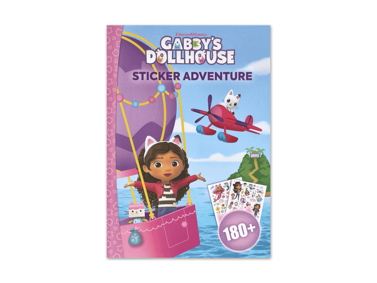 Gabby's Dollhouse Sticker-Abenteuerbuch mit Gabby und Pandy Paws in einem Heißluftballon und Flugzeug.