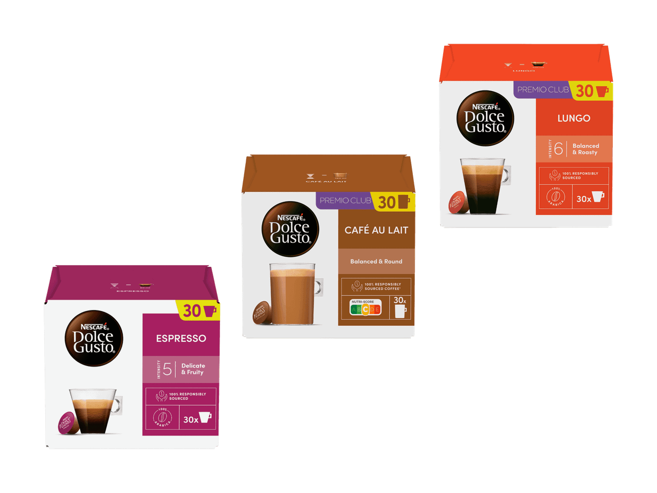 Drei Packungen Kaffeekapseln, darunter Espresso, Café au Lait und Lungo.