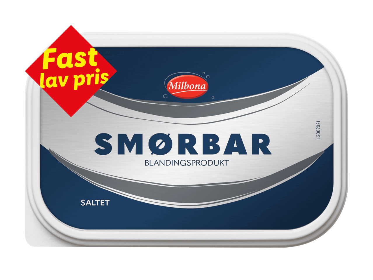 En pakke smørbar blanding med teksten 'Fast lav pris' i et rødt skilt.