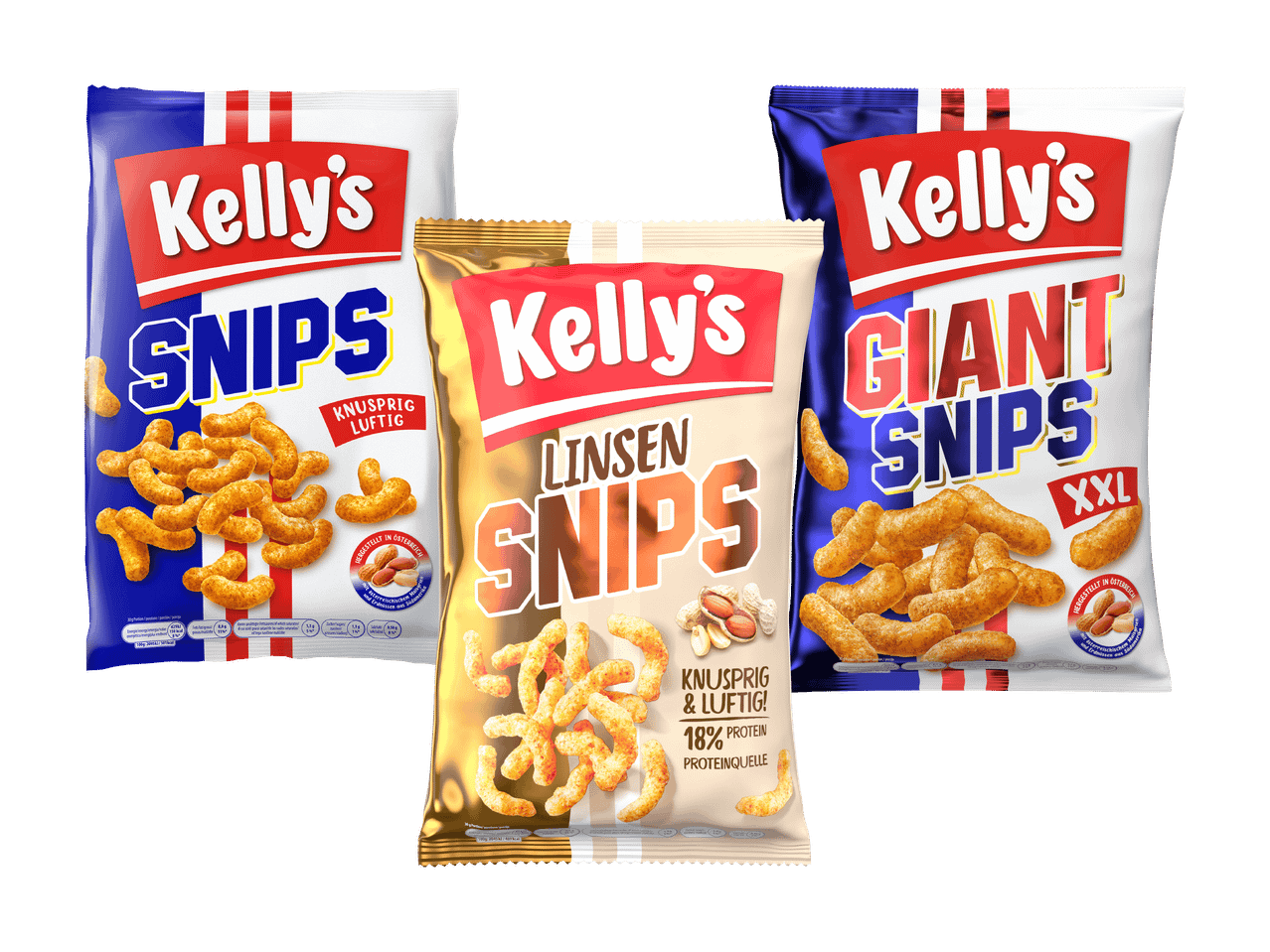 Drei Packungen Kelly's Snips, darunter Linsen Snips und Giant Snips, mit Erdnuss-Snacks.