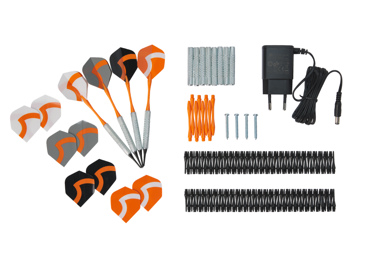 Комплект за дартс с дартс, резервни пера, накрайници, адаптер и винтове.