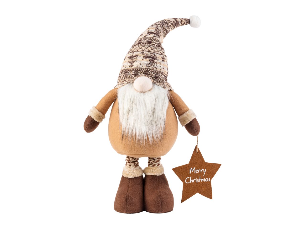 Christmas gnome decoration with a brown knitted hat, white beard, and a 'Merry Christmas' star.