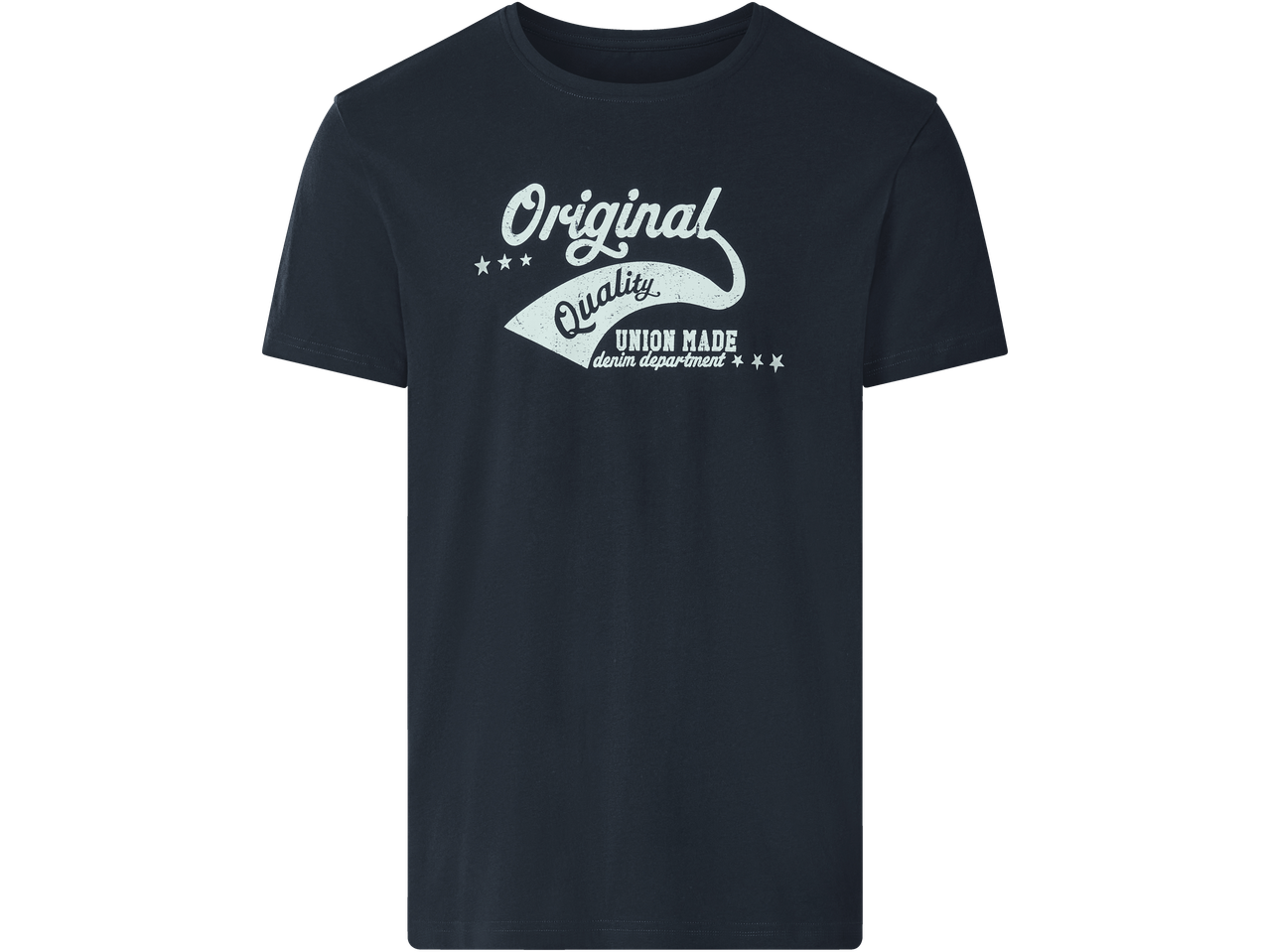 Tamsiai mėlyni marškinėliai su užrašu „Original Quality Union Made denim department“.
