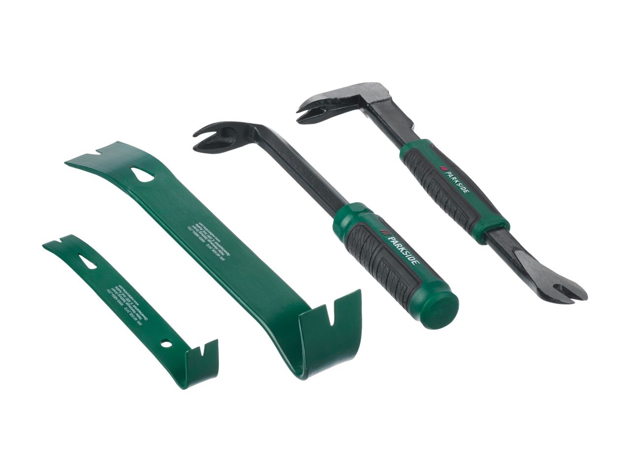 A set of three green and black crowbars, two with handles and one flat, featuring the Parkside brand.