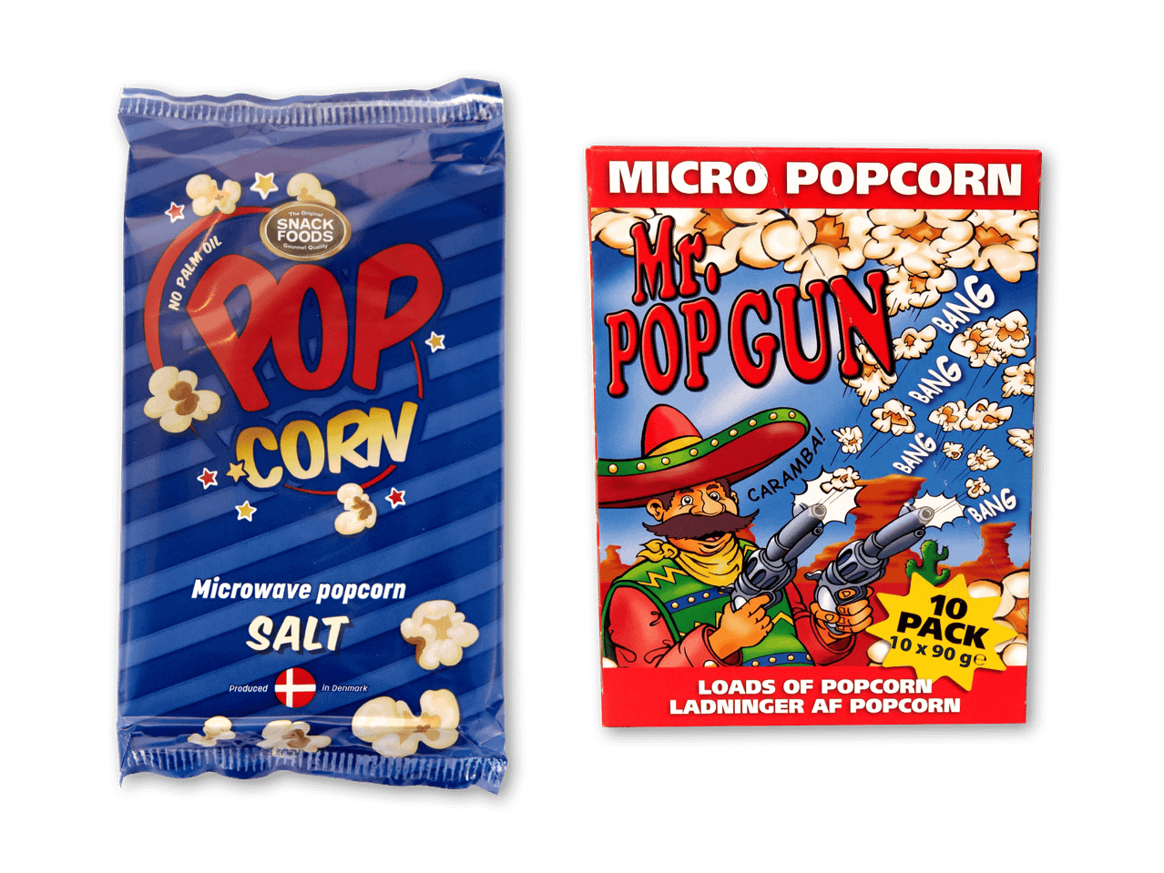 To pakker mikrobølgepopcorn: en blå pose med salt og en rød æske med et tegneserie-cowboytema.