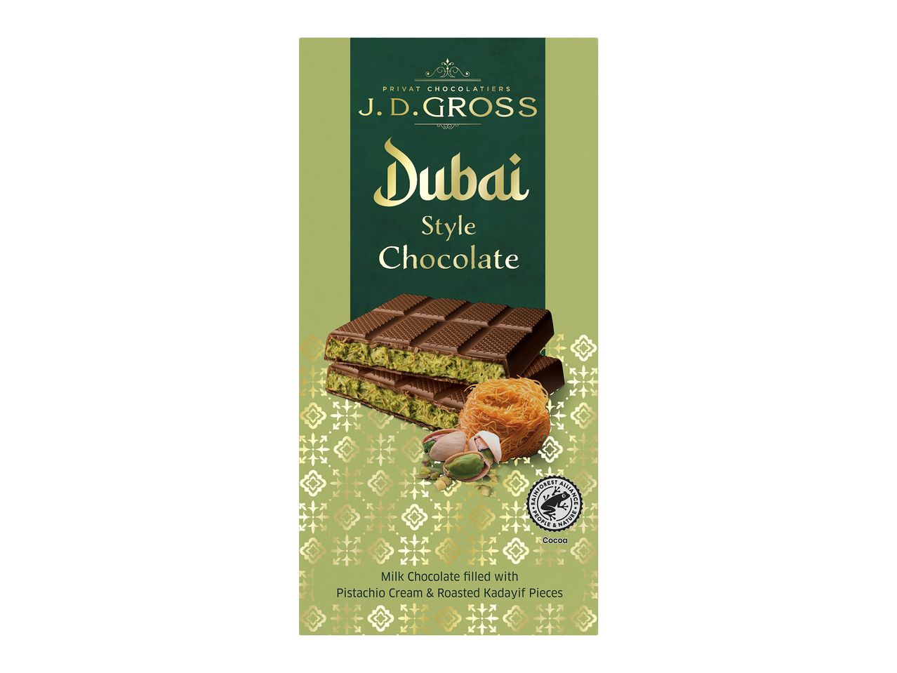 Σοκολάτα γάλακτος J.D. Gross Dubai Style με κρέμα φιστικιού και κομμάτια κανταϊφιού.