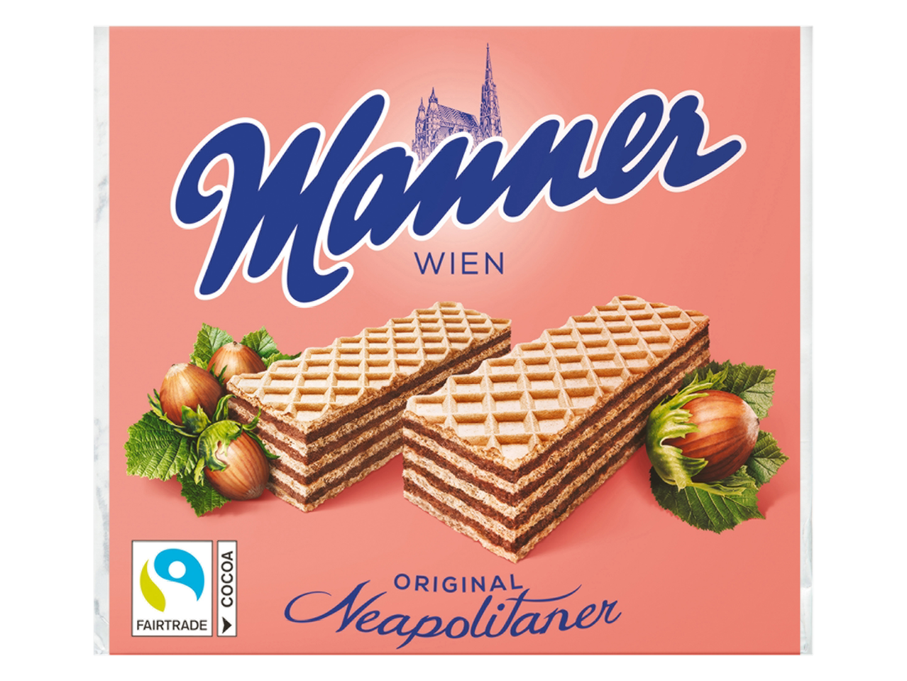Manner Neapolitaner Wafers with hazelnuts, Fairtrade cocoa, and a Vienna skyline.