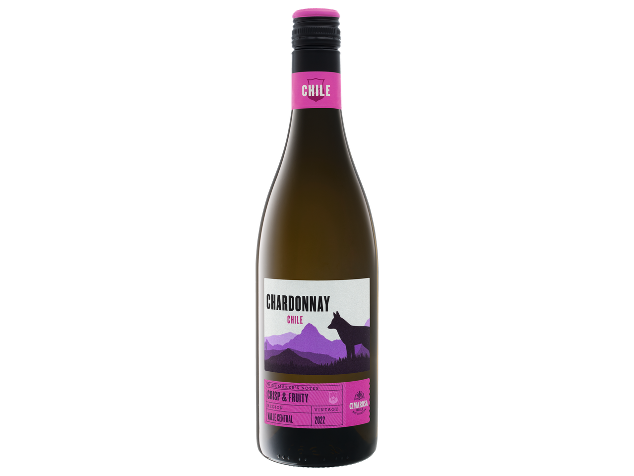 Een fles Cimarosa Chardonnay uit Chili, oogstjaar 2022.