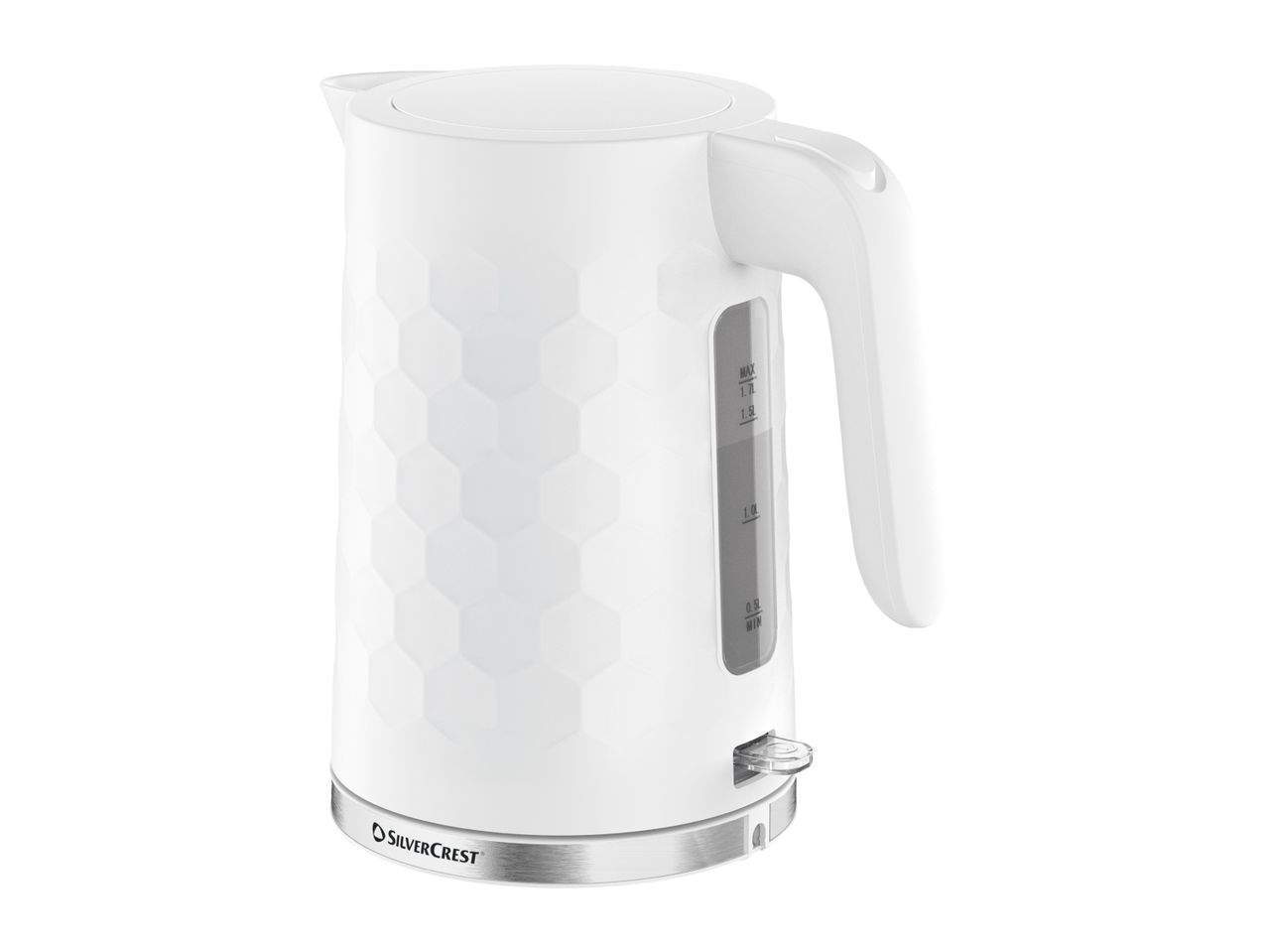 White electric kettle with a textured honeycomb pattern and water level indicator