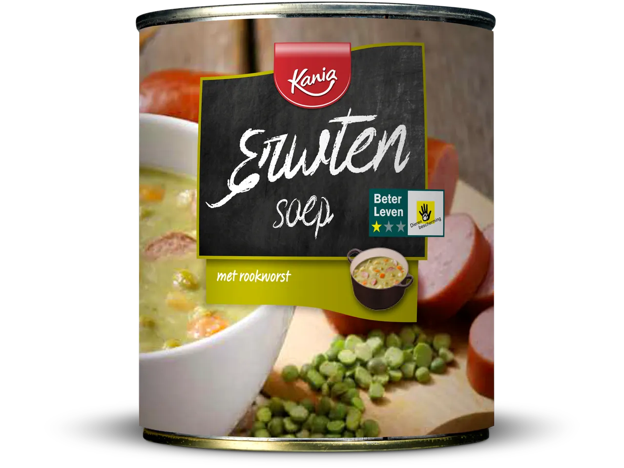 Kania erwtensoep met rookworst: blik erwtensoep met worst.