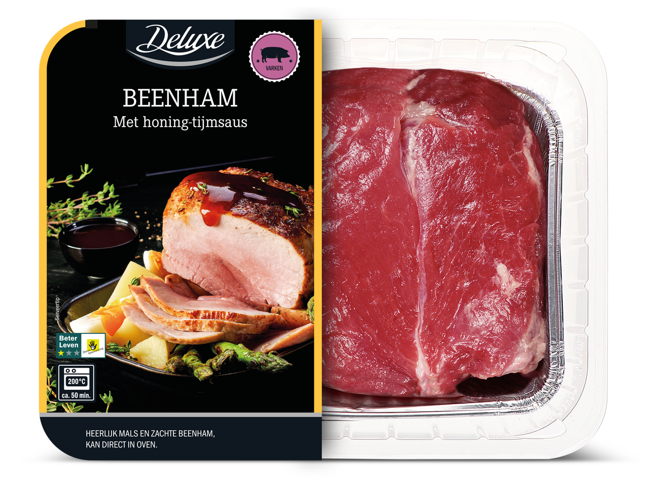 Deluxe beenham met honing-tijmsaus, rauw en bereid, met kookinstructies.