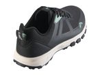 Black and white trail running shoe with mint green accents