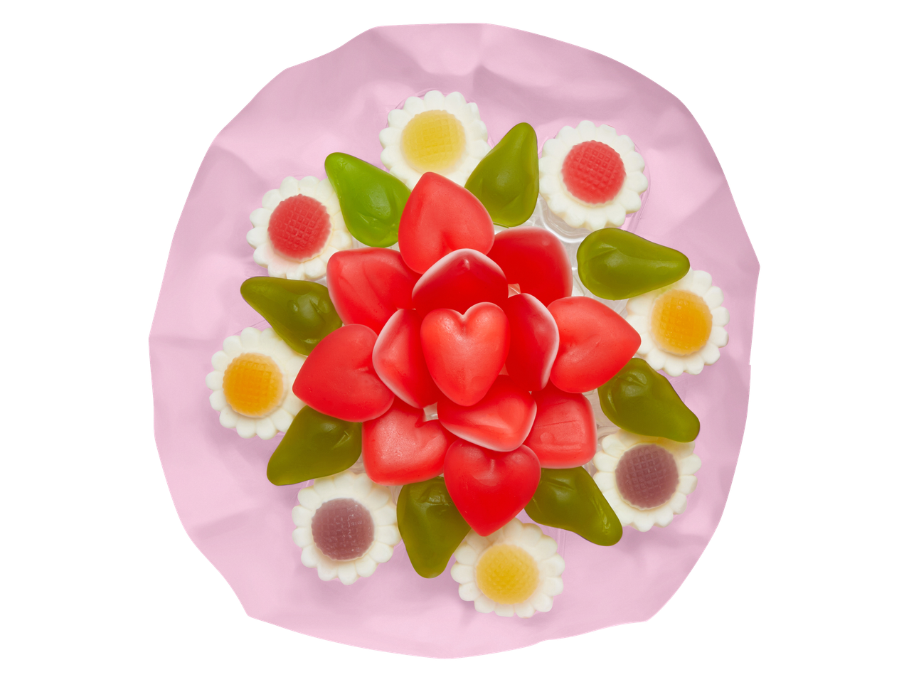 Een snoepboeket met rode hartvormige gummies, groene bladvormige gummies en bloemvormige gummies.
