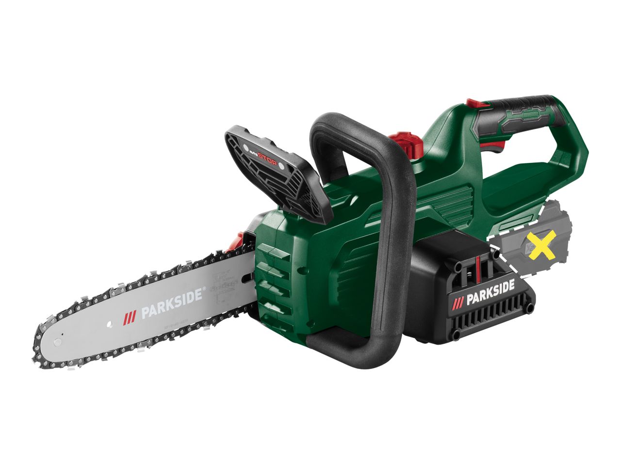Cordless chainsaw with a green body, black handles, and a silver bar, shown without a battery.