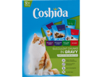 Nourriture humide pour chats Coshida avec des morceaux succulents en sauce, aux saveurs de veau et dinde, saumon et truite, agneau et dinde, et bœuf.