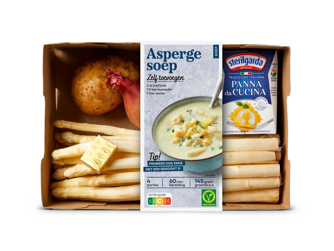 Verspakket aspergesoep met verse asperges, aardappel, ui en kookroom.