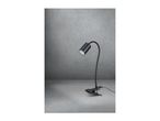 Black clip-on desk lamp with a flexible gooseneck on a gray background.