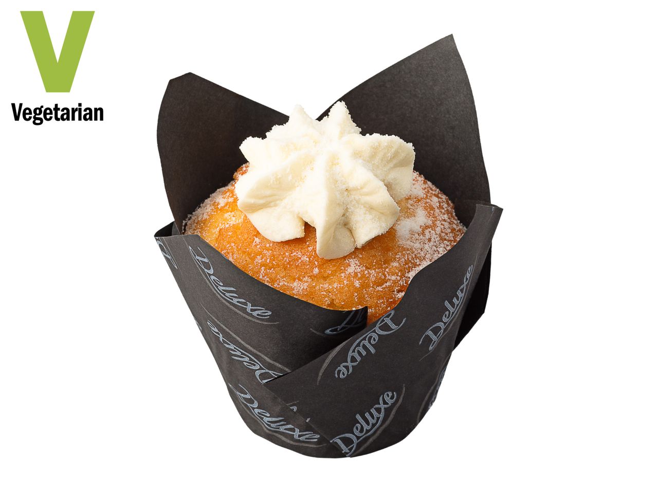 Vegetarian cupcake with whipped cream and sugar sprinkles in a black wrapper.