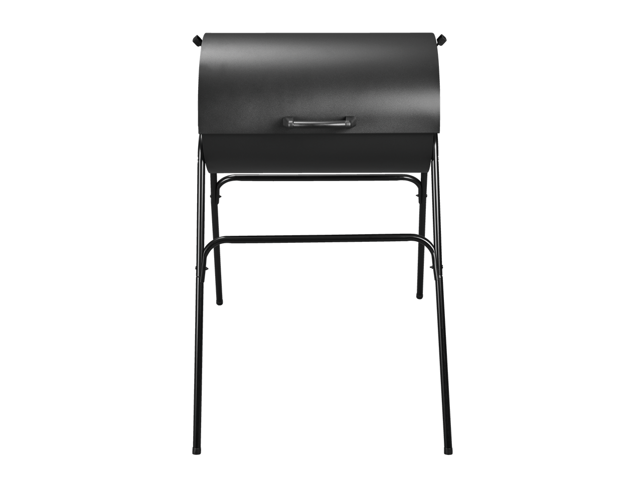 Fumador de barril preto em um suporte.