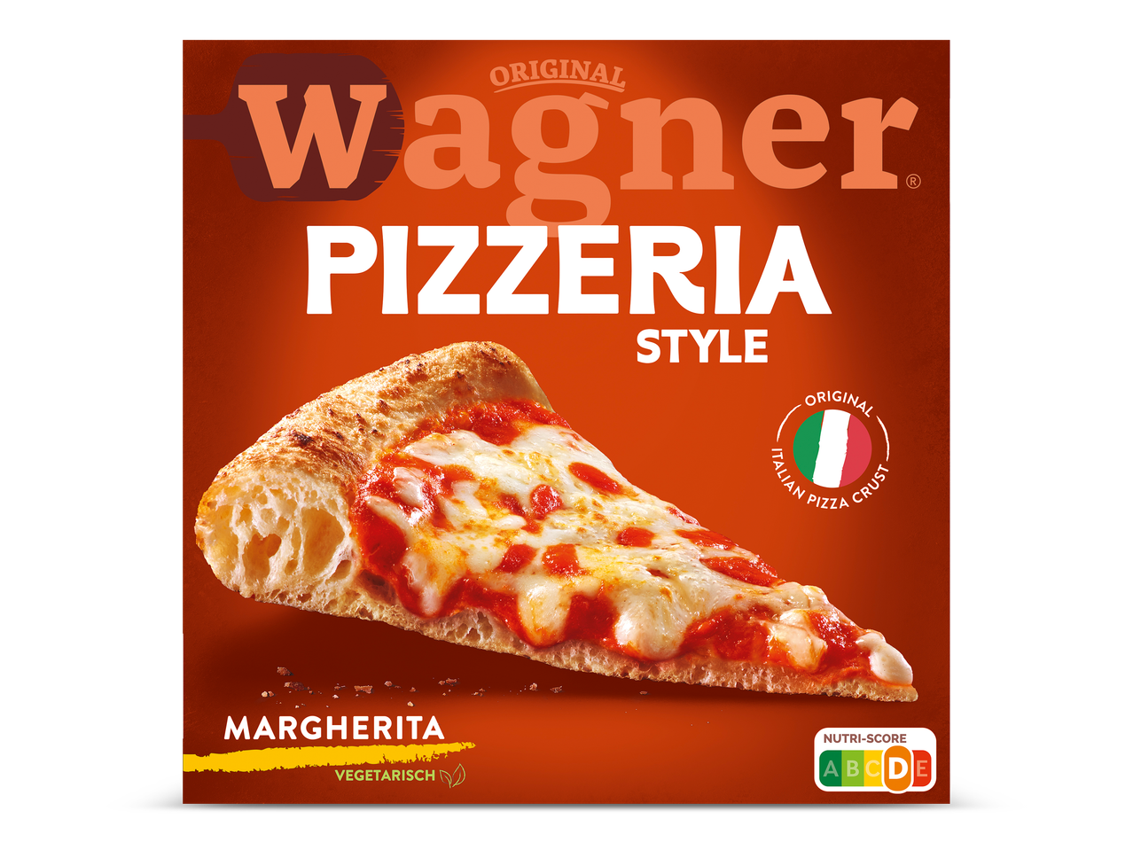 Verpakking voor diepvriespizza met een pizzapunt, de tekst 'PIZZERIA STYLE' en 'MARGHERITA VEGETARISCH'.