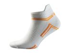 White ankle sock with orange stripes and textured knit patterns.