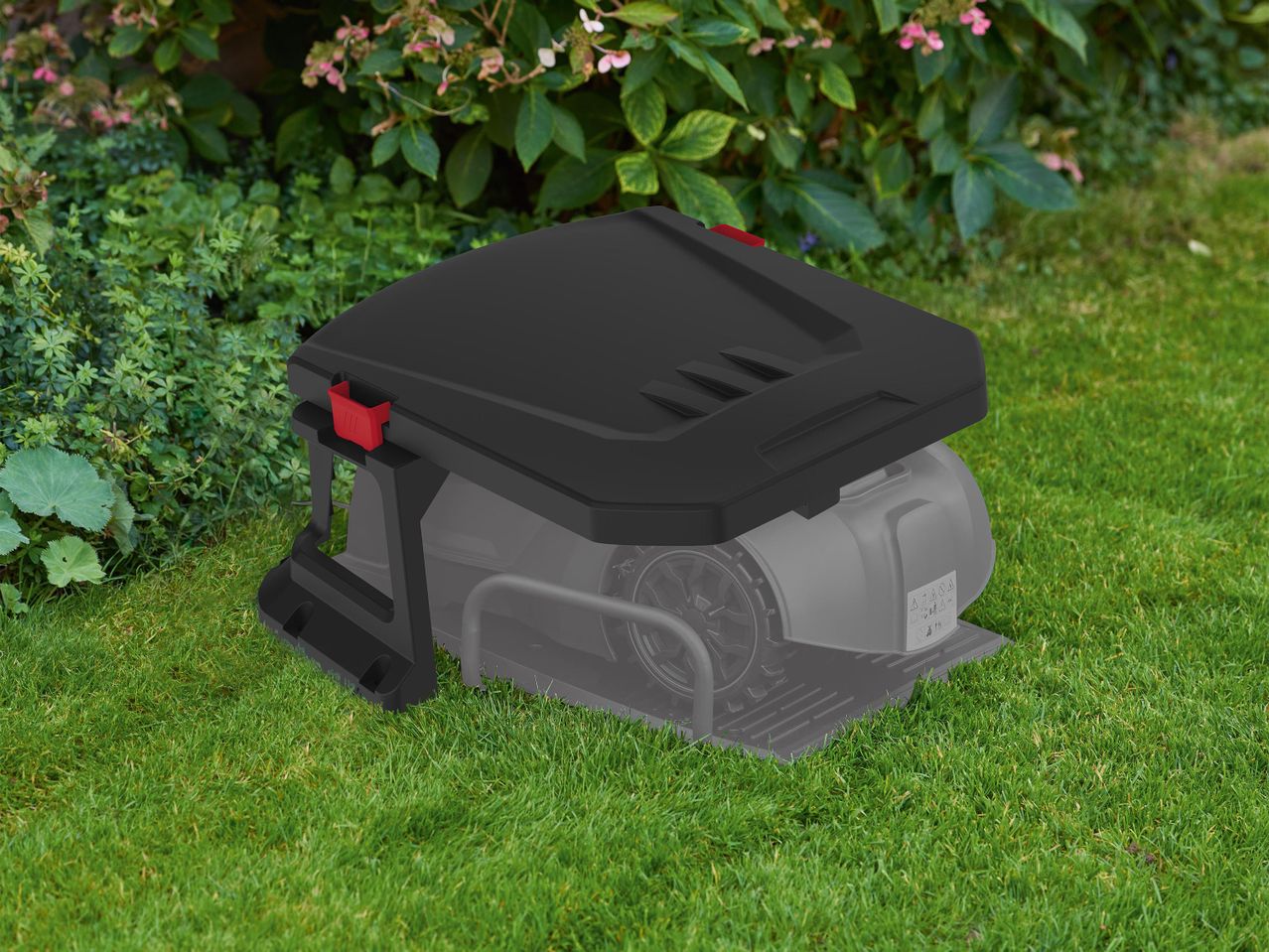Egy robotfűnyíró házban, zöld gyepen.