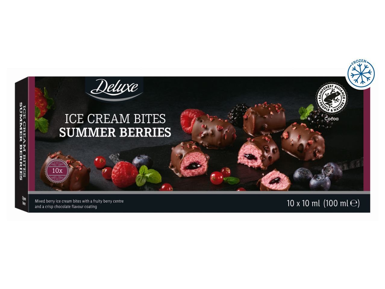Box of frozen ice cream bites with summer berries, chocolate coating, and a fruity center.