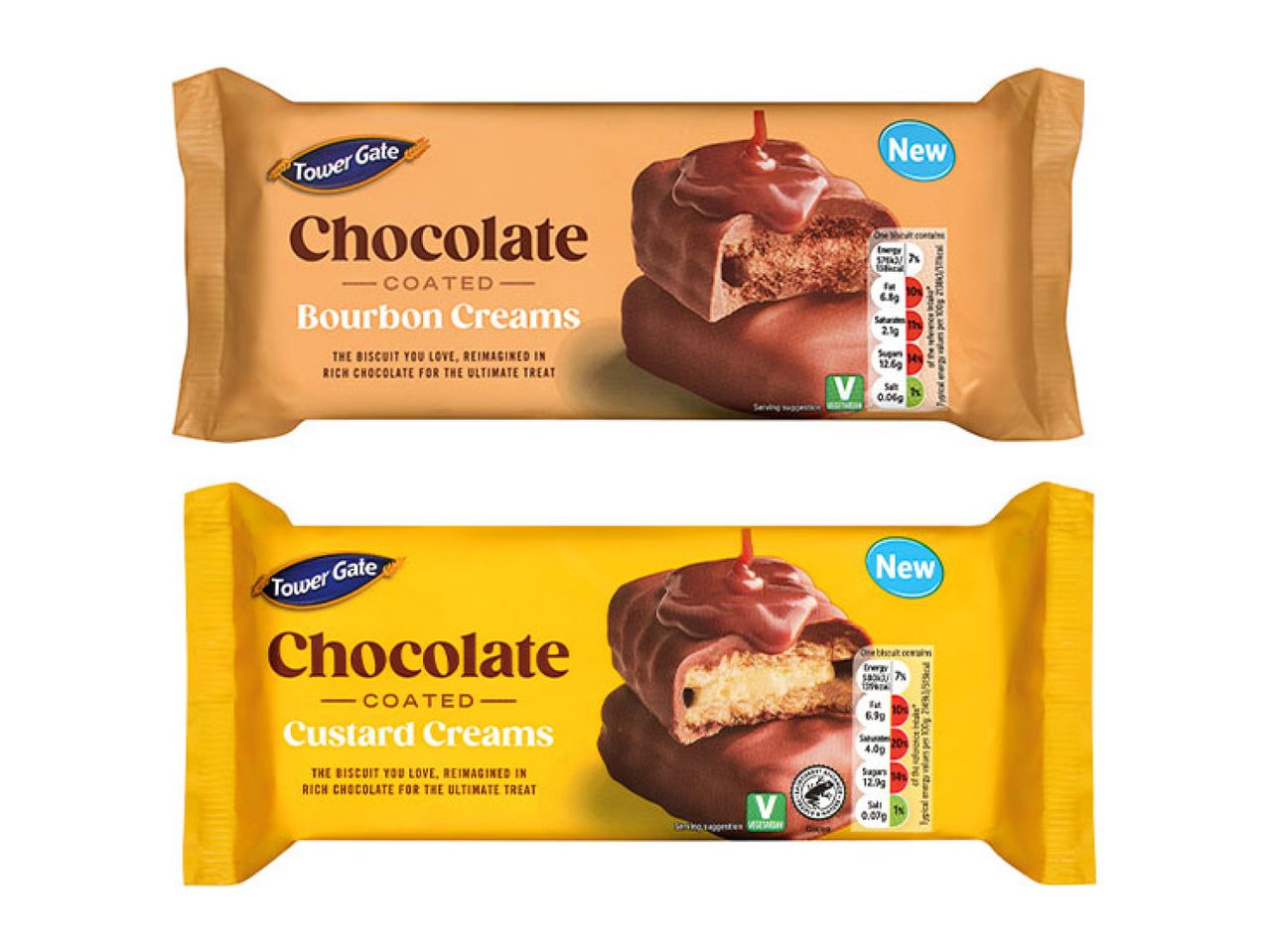 Two packs of chocolate-coated biscuits: Bourbon Creams and Custard Creams.