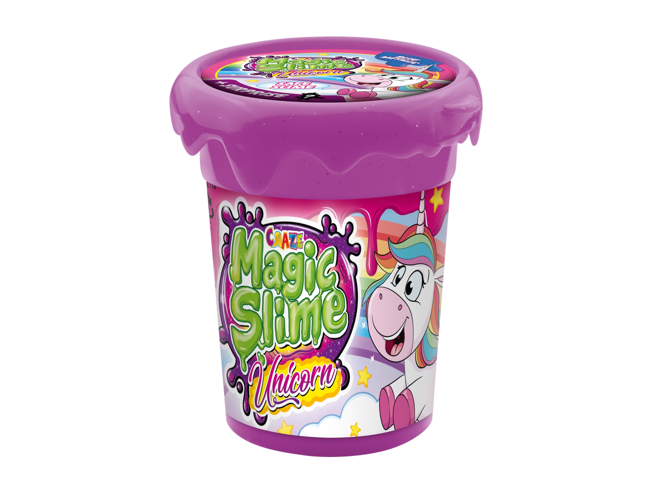 CRAZE Magic Slime Unicorn su staigmena, violetiniame blizgančiame indelyje.