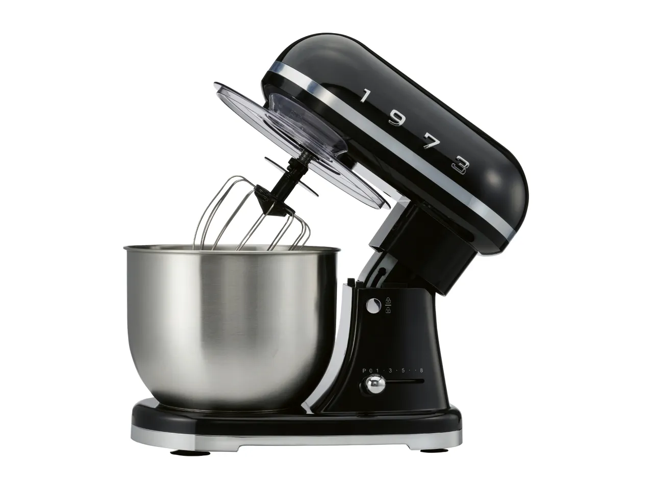 Black stand mixer with a stainless steel bowl and whisk attachment