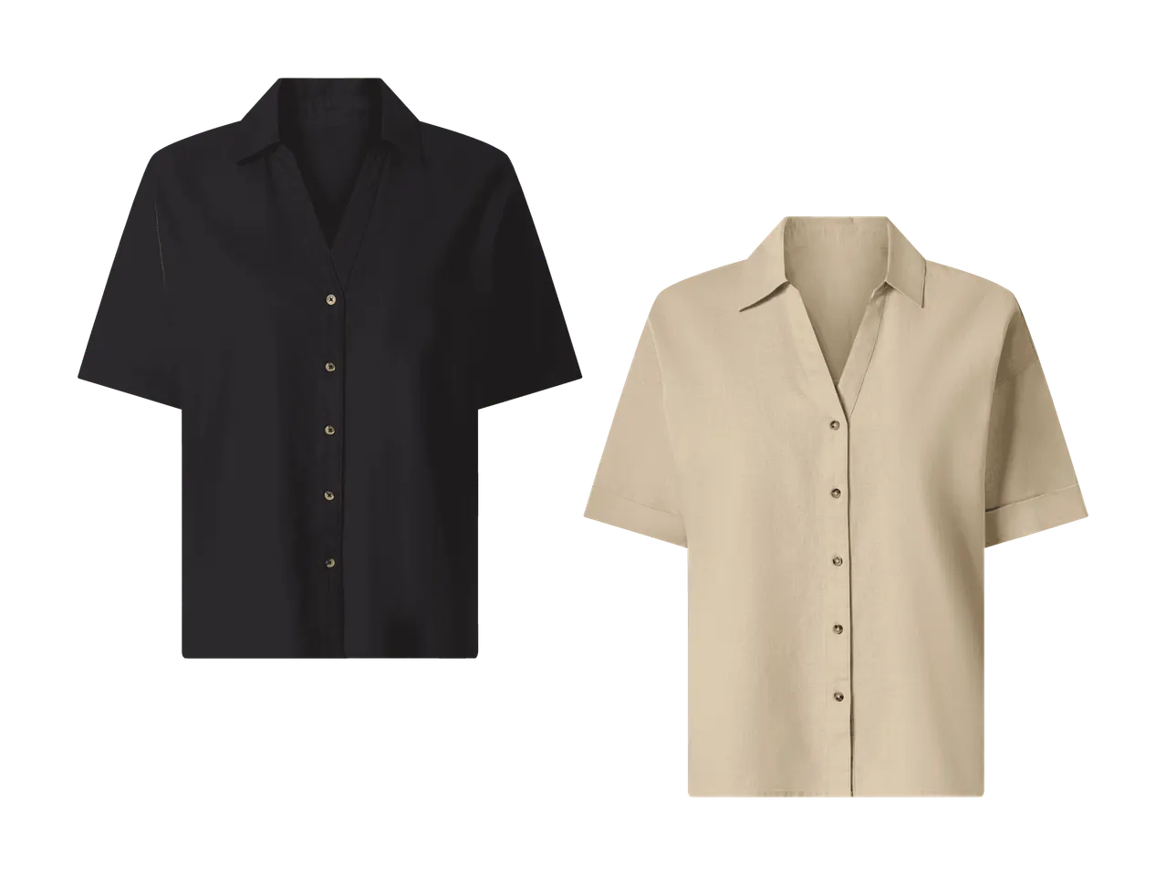 Zwei kurzärmelige Damenhemden, eines in Schwarz und eines in Beige.