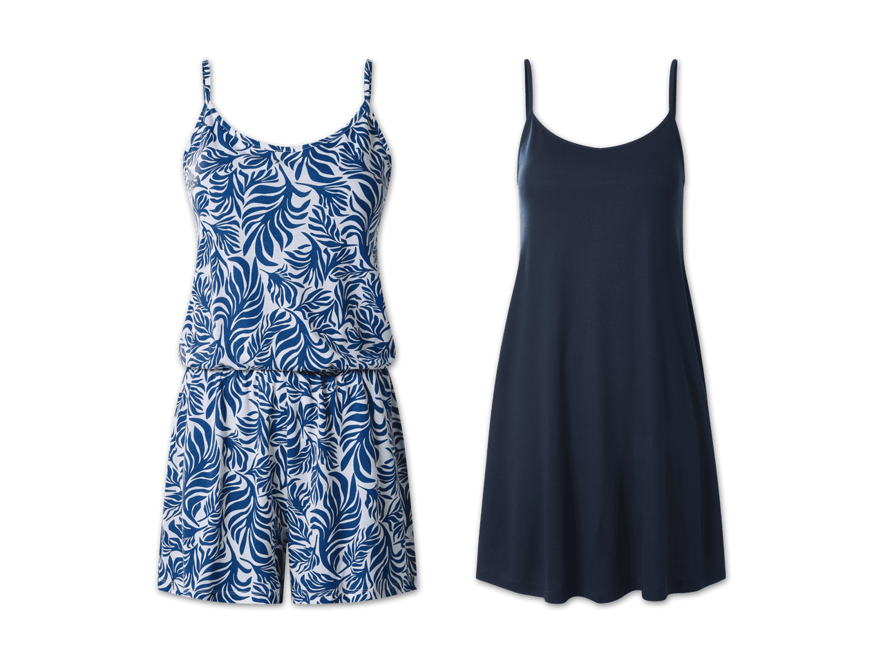 Zwei Damen-Nachthemden: ein blauer Overall mit Blättermuster und ein einfarbiges blaues Kleid.
