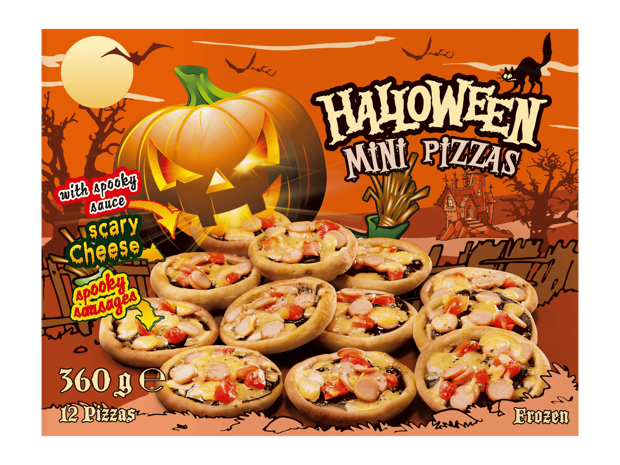Halloween-teemainen pakkaus, jossa on 12 pientä pakastepizzaa kurpitsakuvituksella.